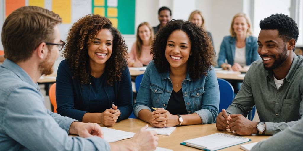 Group of people smiling in a classroom