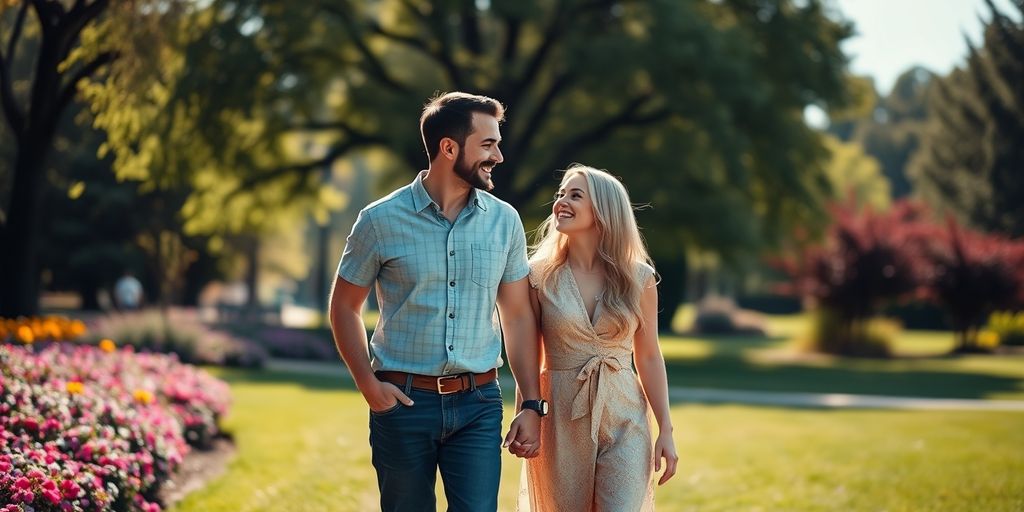 Happy couple walking in a sunlit park