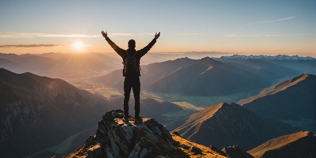 Person on mountain peak at sunrise, arms raised.