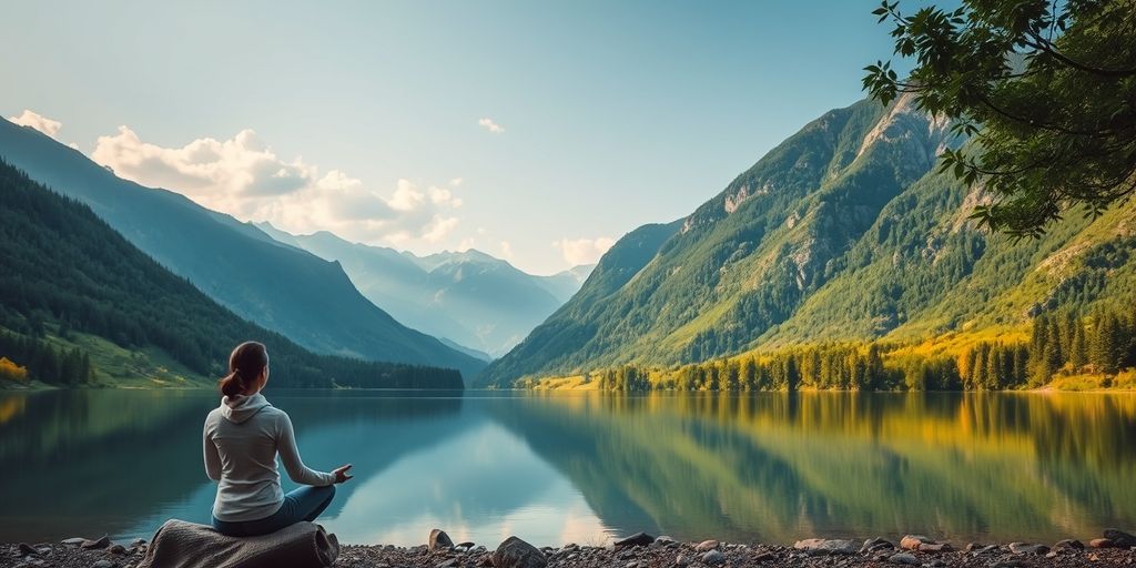 Person meditating by a peaceful lake in nature.