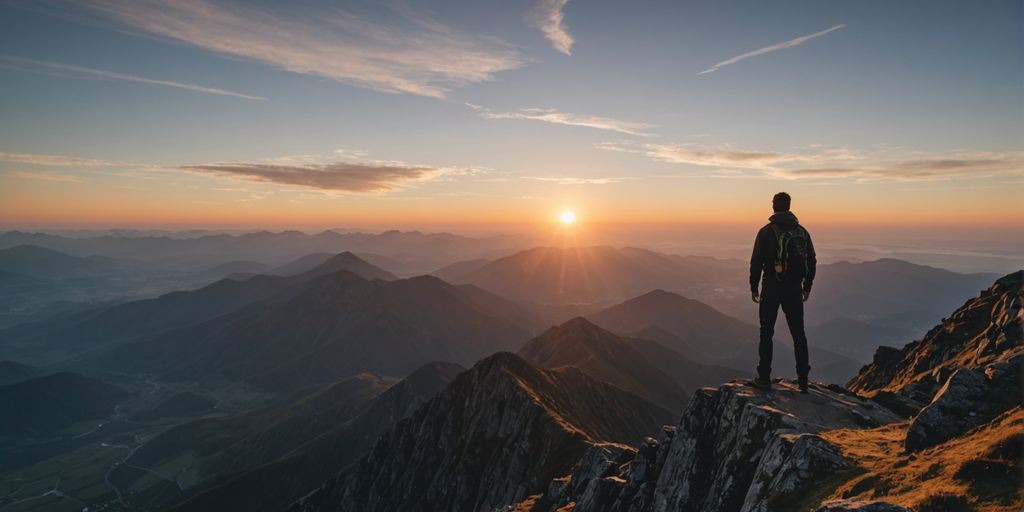 Person on mountain peak at sunrise