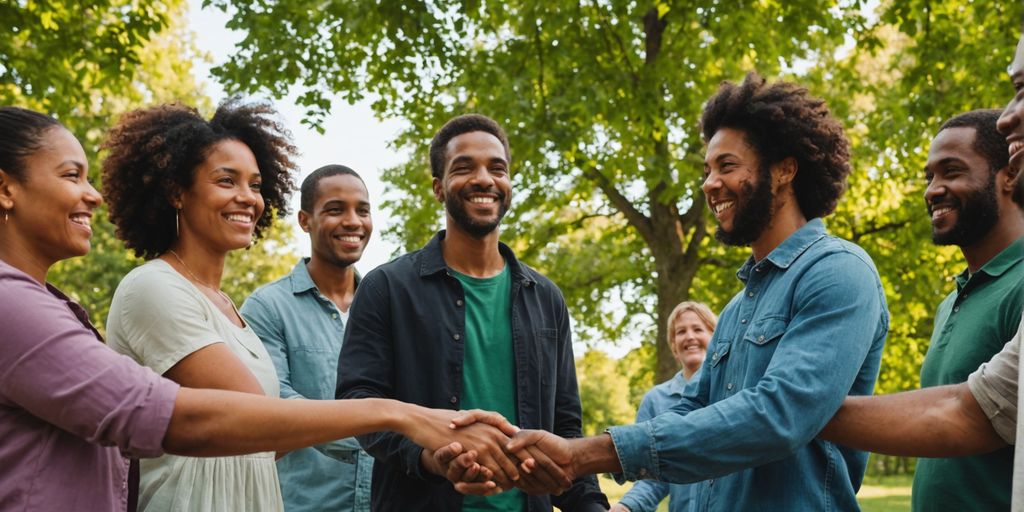 Group of people holding hands outdoors