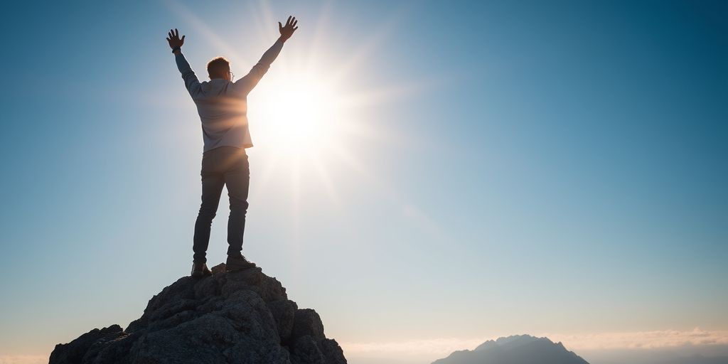 Person celebrating confidence on a mountain peak at sunrise.