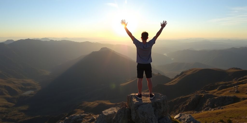 Person on mountain peak at sunrise