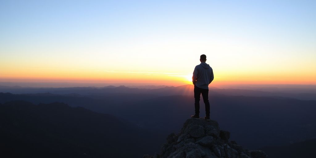 Person on mountain peak at sunrise