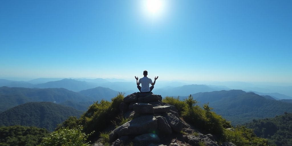 Person meditating on a mountain peak in nature.