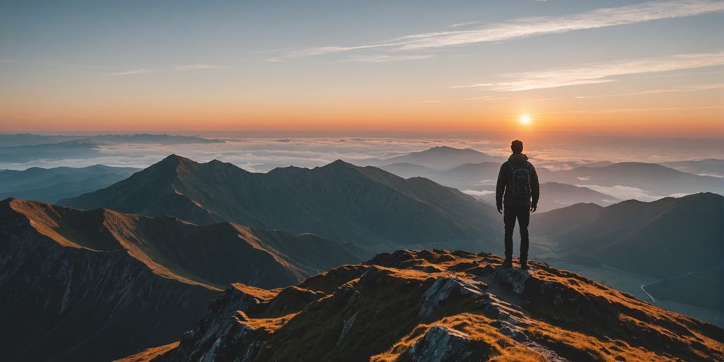 Person on mountain peak at sunrise