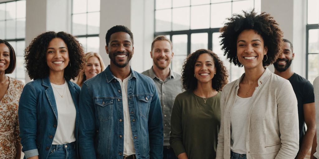 Confident, diverse group standing together.