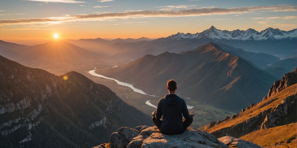 Person meditating at sunrise on a mountain cliff.