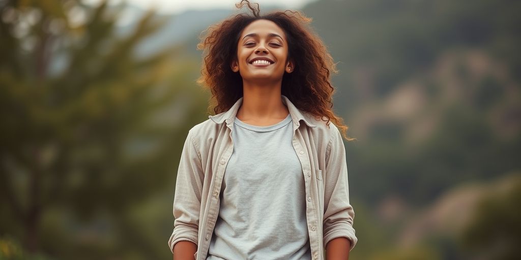 Confident person standing tall with serene background