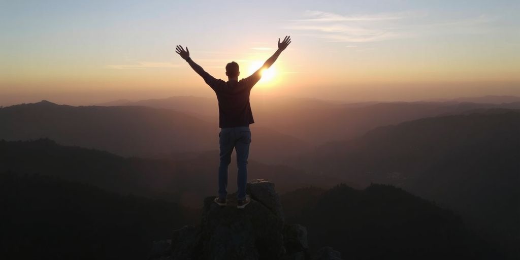 Person on mountain peak at sunrise, arms raised.