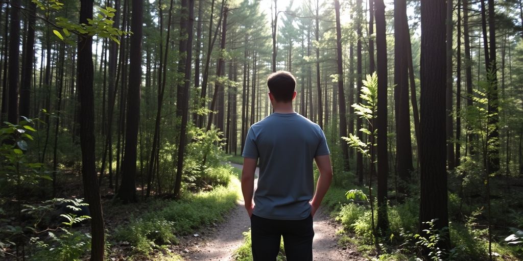 Person starting a forest trail with determination.