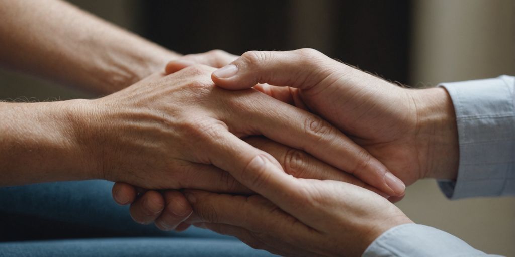 Person holding another's hand supportively.