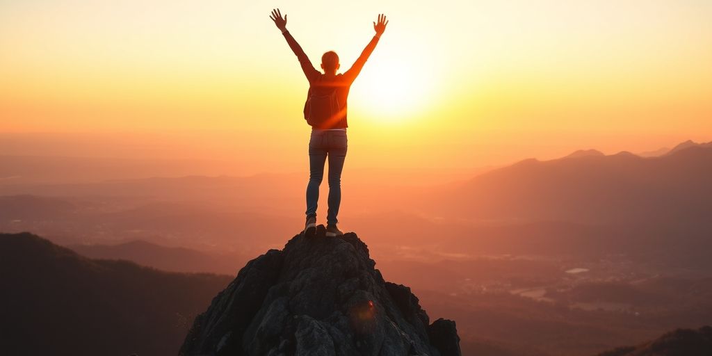 Person on mountain peak at sunrise with arms raised.