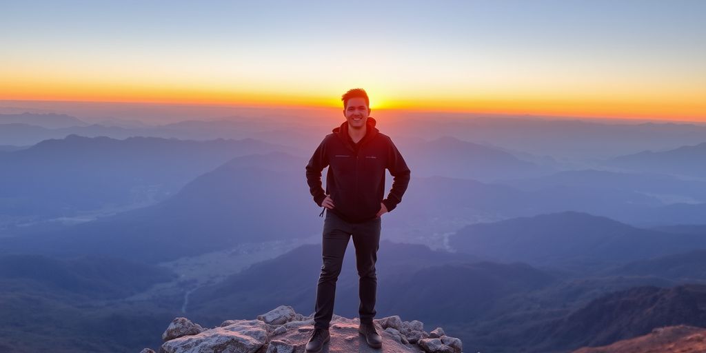 Person on mountain peak at sunrise