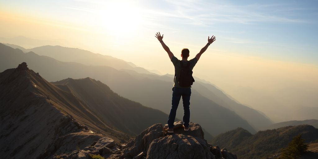 Person triumphantly standing on mountain peak at sunrise.