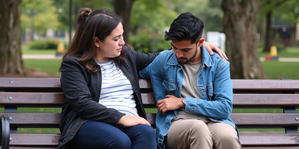 Person comforting sad friend on park bench