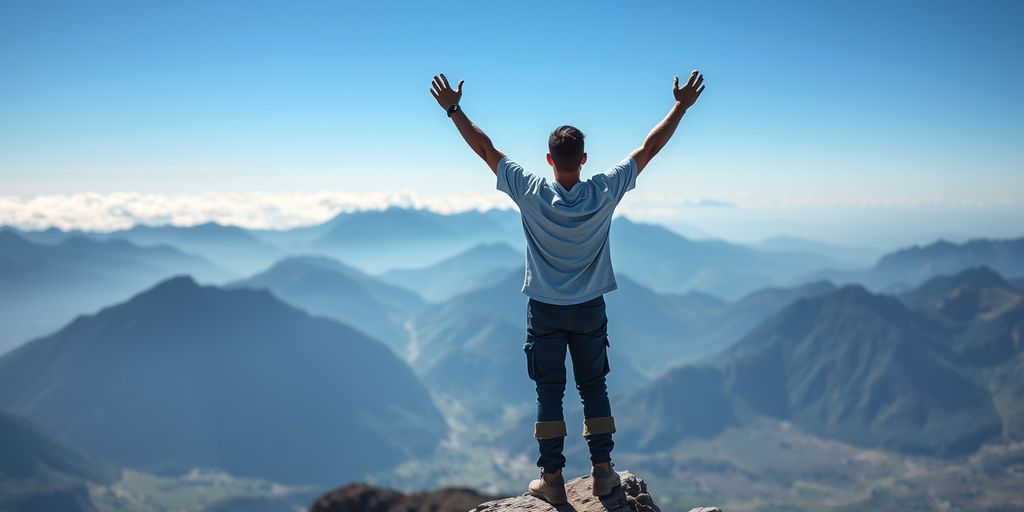 Person celebrating success on a mountain peak.