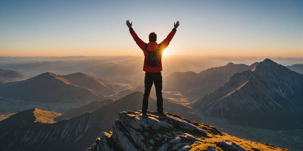 Person on mountain peak at sunrise, arms raised.