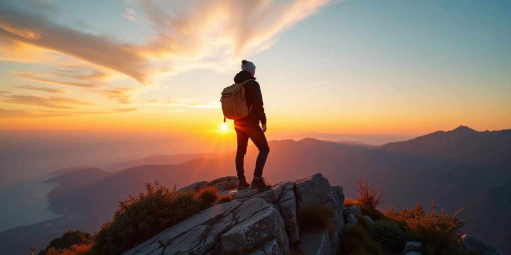 Person confidently standing on mountain at sunrise.