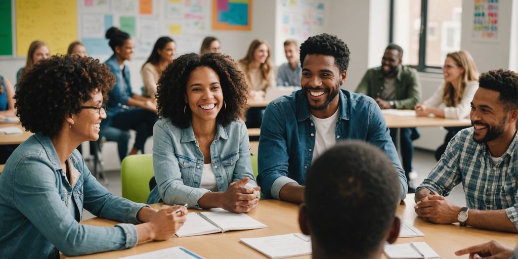 People smiling in a modern classroom