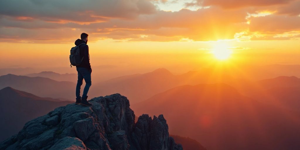 Person on mountain peak at sunrise