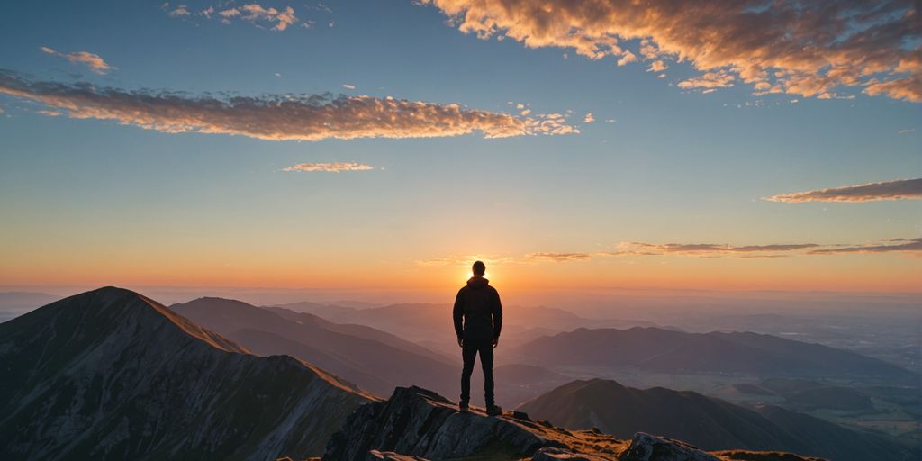 Person on mountain peak at sunrise, symbolizing growth.