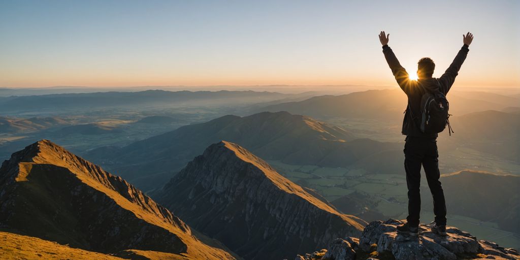 Person on mountain peak at sunrise.