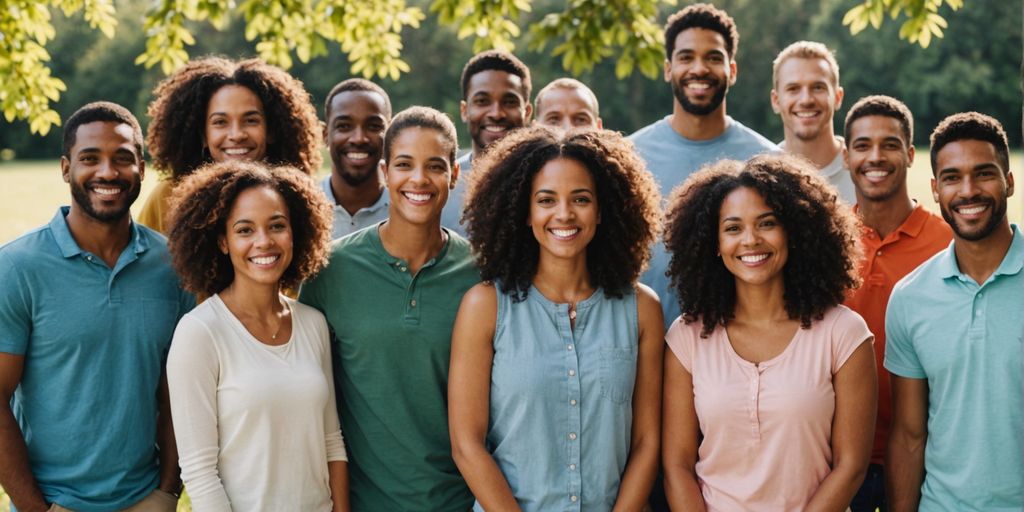 Diverse group smiling confidently outdoors