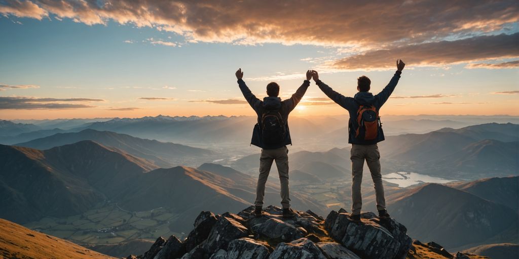 Person on mountain peak at sunrise, arms raised.