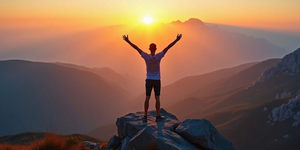 Person celebrating on a mountain peak at sunrise.