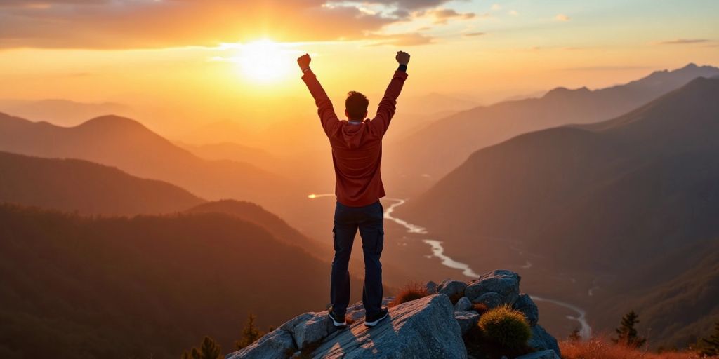 Person celebrating on mountain peak at sunrise.